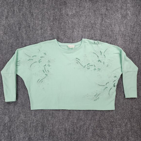 Anthropologie Tops - Anthropologie Sweatshirt Womens XS Green Floral Embroidered Lace Cropped Box Top
